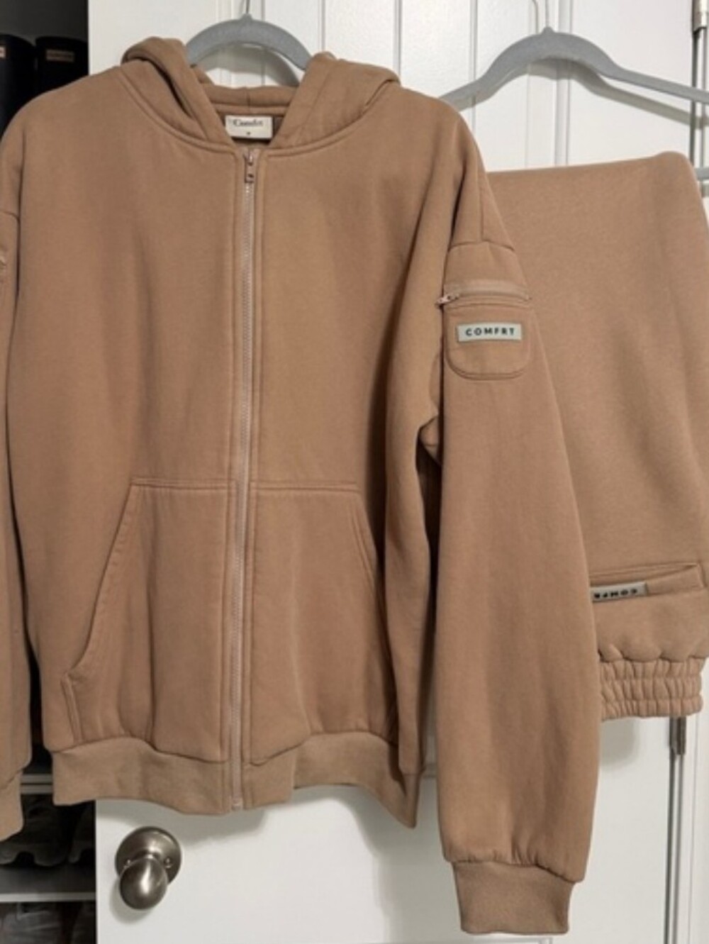Comfrt Tan Zip Up Hoodie And Jogger Set with Zip Pocket Detail